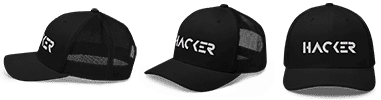 a black hacker trucker cap in different angles